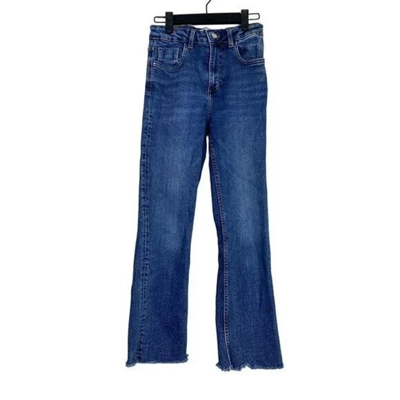 ZARA High Rise Straight Leg Raw Hem Broken In Stretchy Jean Zip 2 Blue #3926 - Picture 13 of 15